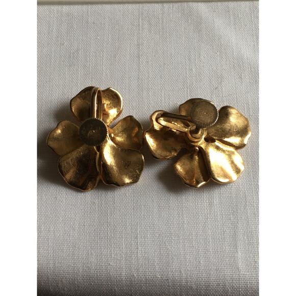 Rhinestone and Gold Floral Screw Back Earrings - Picture 2 of 5